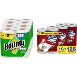 imageBounty QuickSize Paper Towels White 16 Family Rolls Charmin Ultra Strong Clean Touch Toilet Paper 18 Family Mega XL Rolls